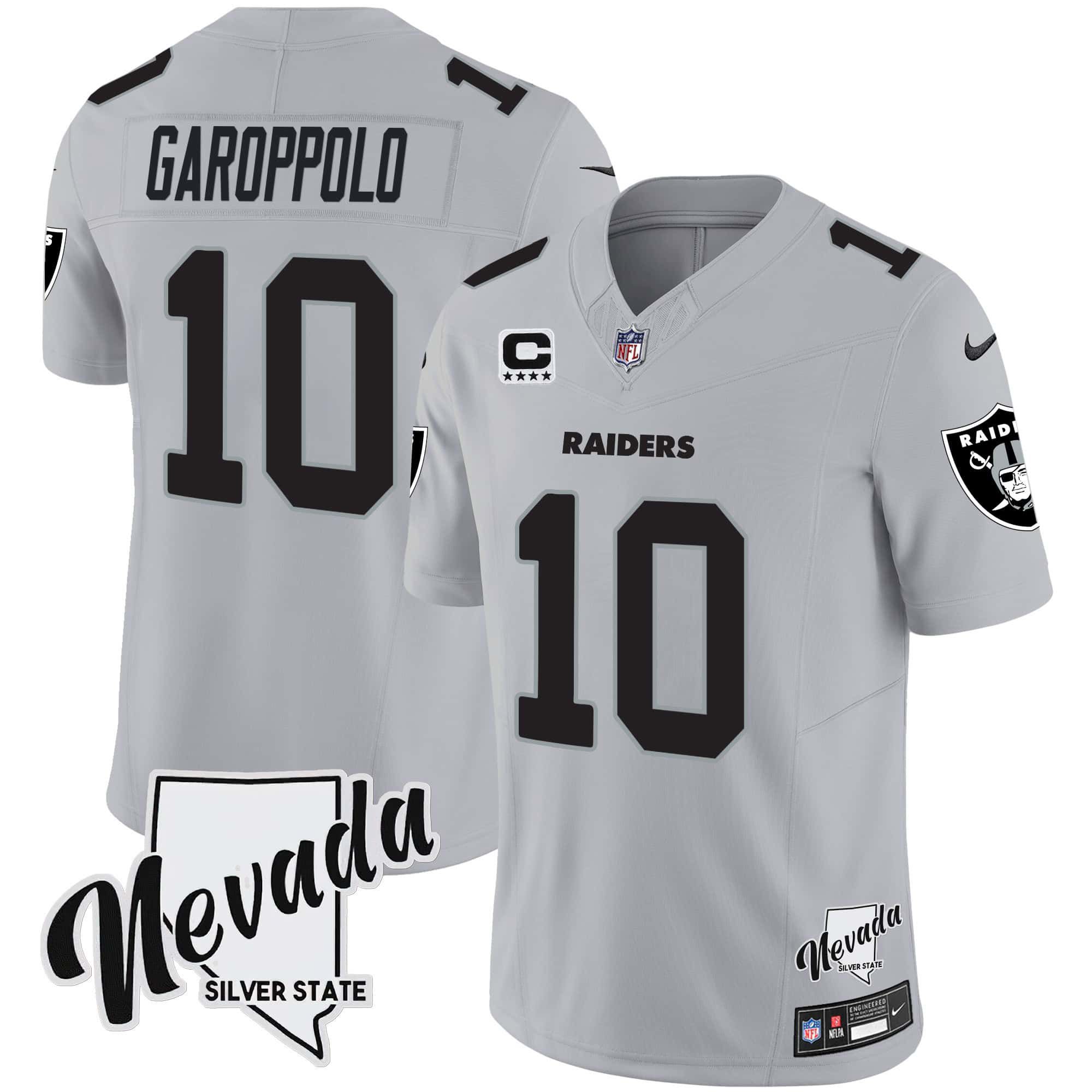 Men Oakland Raiders 10 Garoppo Grey 2024 Nike Nevada Silver State Patch Vapor NFL Jersey
